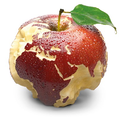 Äpple med världskarta. Foto.