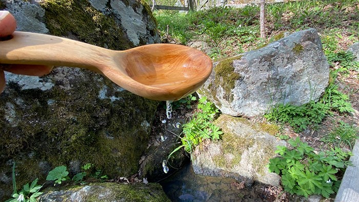 En träslev skopar vatten. Foto.