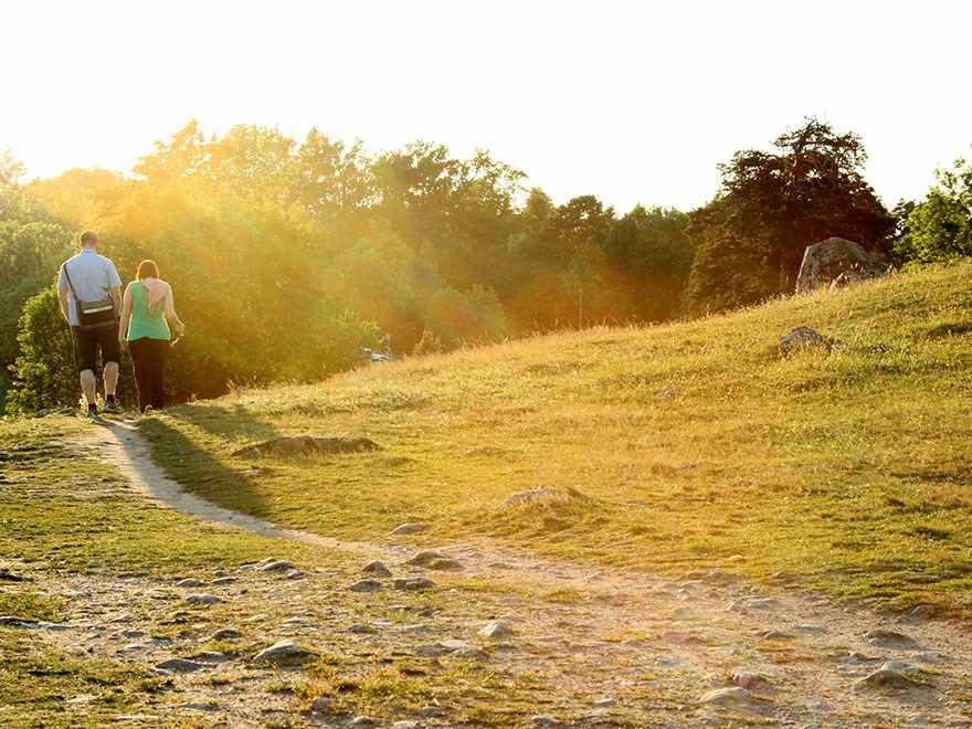 Ett par vandrar på en stig i gräset i solnedgång. Foto.