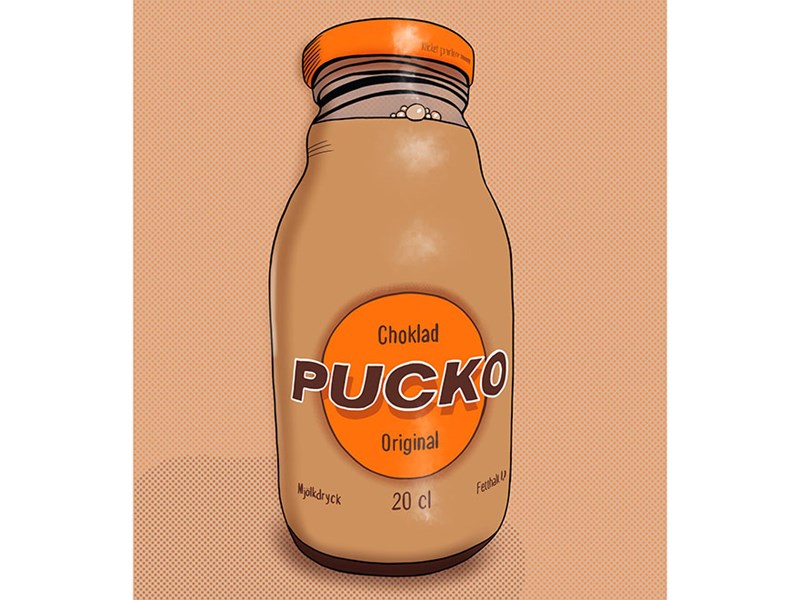 En flaska Pucko chokladmjölk. Illustration.