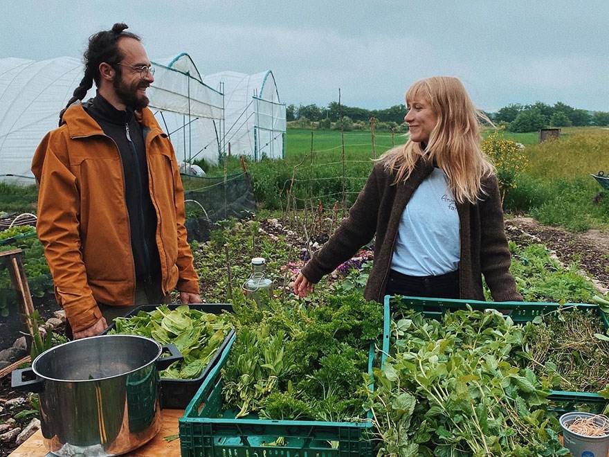 A man and a women with freshly harvested vegetables in front of a green house. Photo.