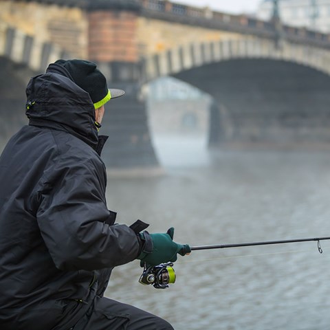 A fisher next to a city bridge, photo.