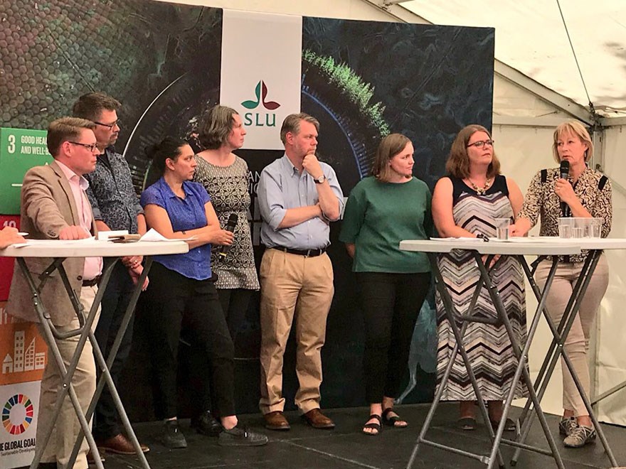Paneldebatt på ett podium i Almedalen. Foto.