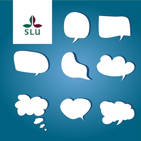 Pratbubblor och SLU-logon. Illustration.