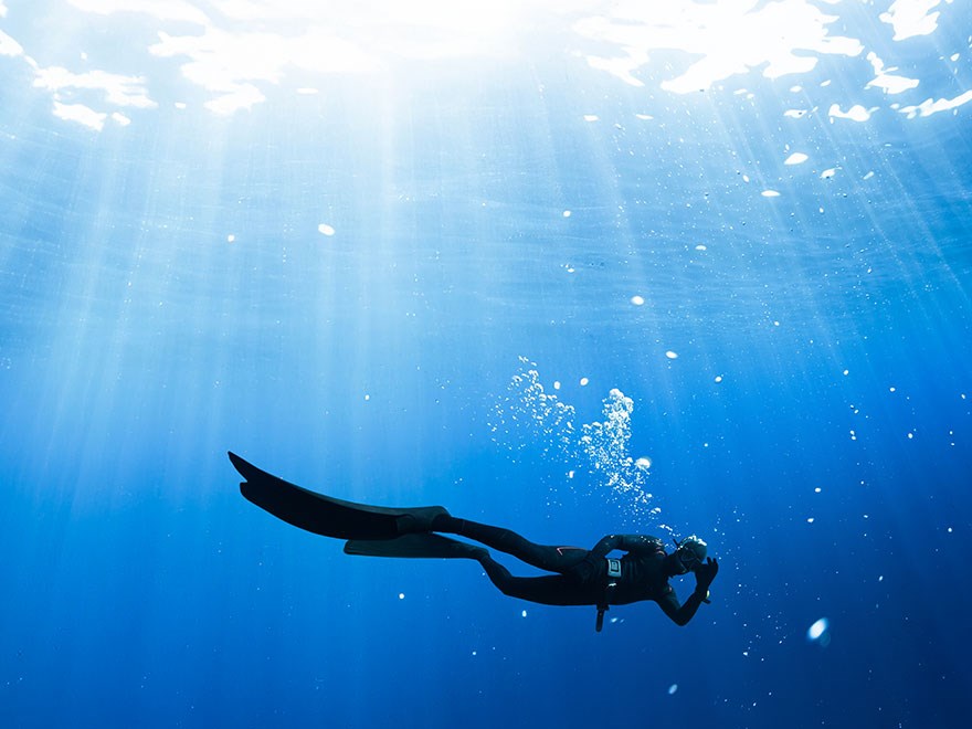 Scuba diver under water, photo.
