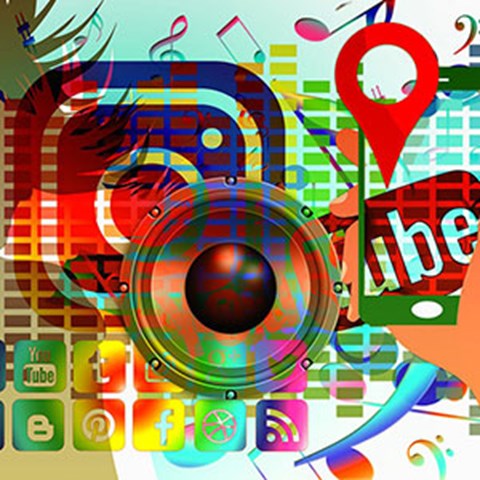 A collage of icons from social media, illustration.