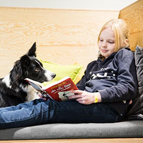 En liten tjej sitter i en soffa och läser högt för en specialutbildad hund, en s.k. läshund, foto.