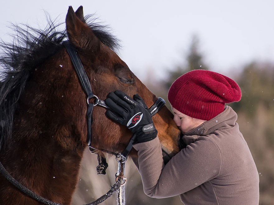 Kvinna som gosar med en häst, foto.