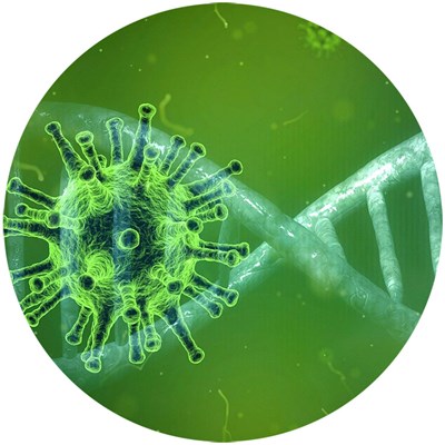 Virus och DNA-sträng i förstoring, foto.