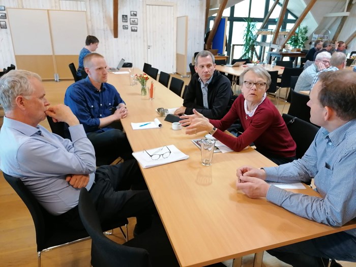 Fem personer sitter runt ett bord och diskuterar