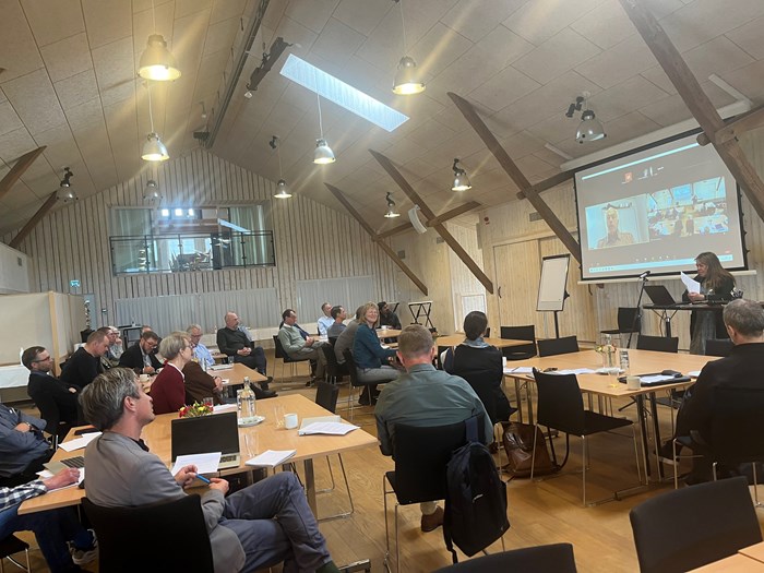 Runt 30 personer på en workshop med några som deltar via videolänk