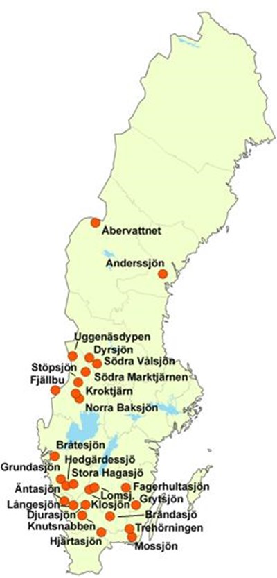 Sverigekarta med extensivsjöarnas position.