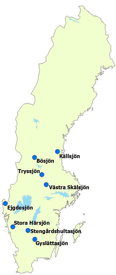 Sverigekarta med de kalkade sjöarnas position.