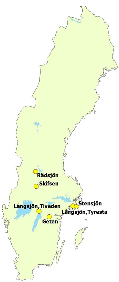 Sjöar med kalkavslut. Sverigekarta.
