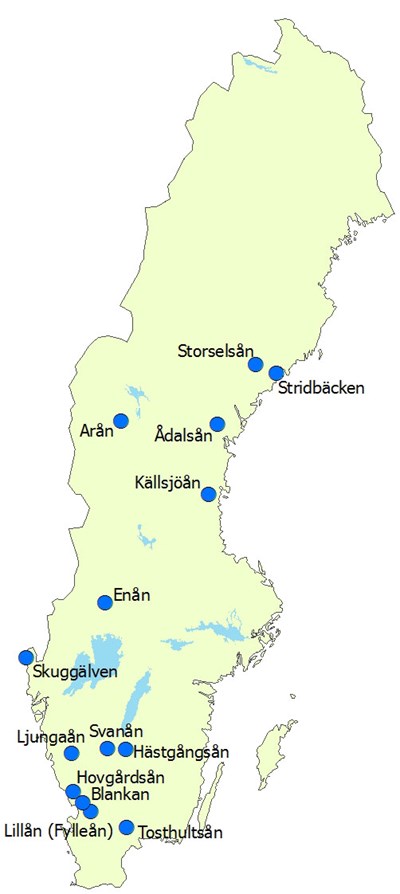 Kalkade vattendrag. Sverigekarta.