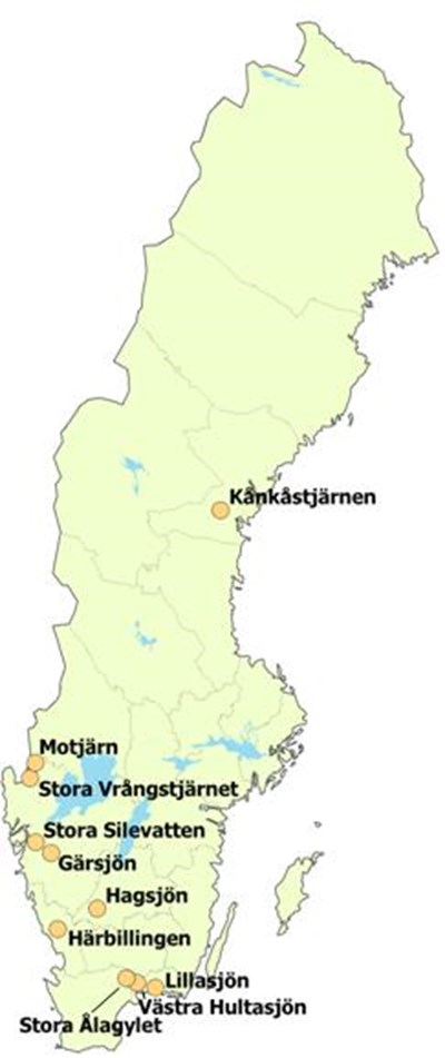 Överkalkade sjöar. Sverigekarta.