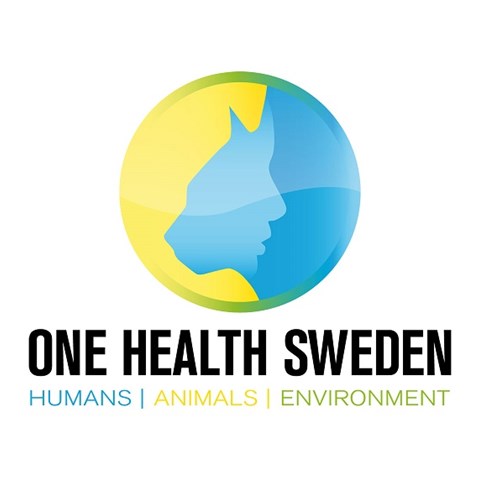 Logga med texten "One Health Sweden. Humans, Animals, Environment". Illustration.