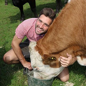 Jens Thulin sitter på huk och ger en ko mat från en hink. Han ser glad ut och kramar om kon. 