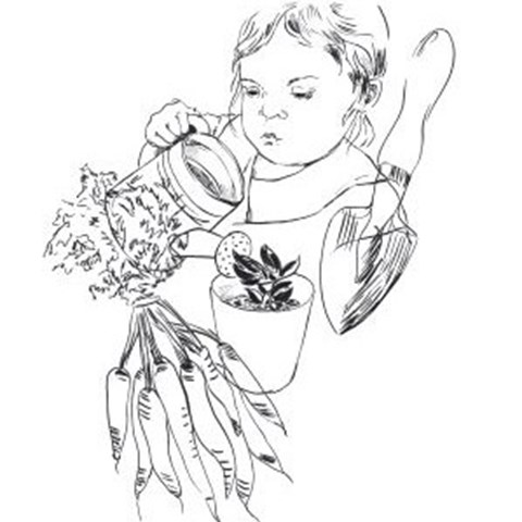 Svartvit illustration som föreställer bland annat ett knippe morötter och ett barn som vattnar en växt i en kruka.