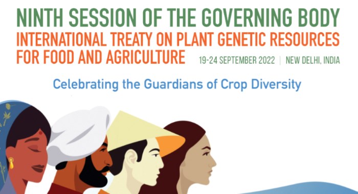 Inbjudan till konferensen Celebrating Farmers as Guardians of Crop Diversity. Fyra tecknade människor står i profil och tittar åt höger. 