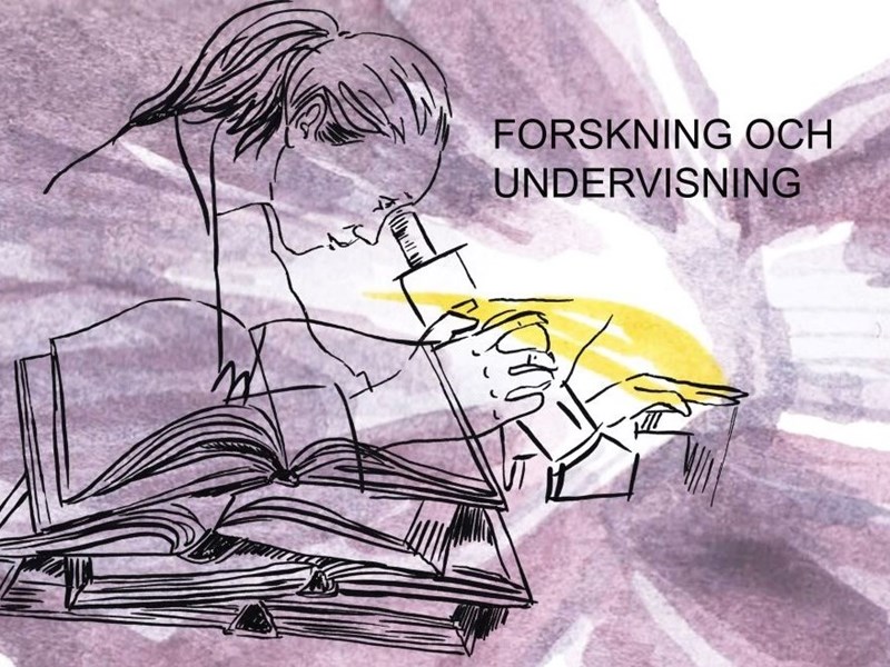 Färgillustration som visar en kvinna som böjer sig över ett mikroskåp. I förgrunden ses en trave böcker. 