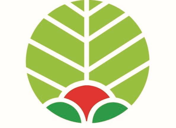 Poms logotyp i vitt, rött och grönt.