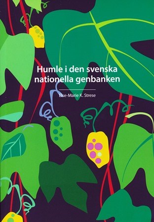 Färgfoto av omslaget till boken "Humle i den svenska nationella genbanken." Omslaget är en illustration i grönt, rött, gult och mörkt lila. Gröna humleplantor slingrar mot en lila bakgrund.