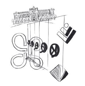 Svartvit illustration som bland annat visar arkivskåp och logotyper för olika myndigheter. 