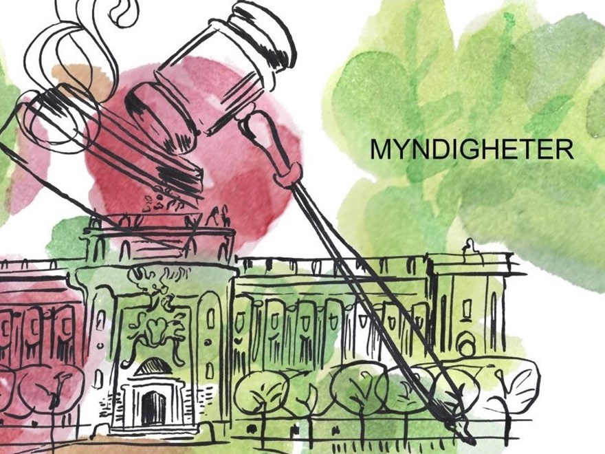 Illustration i färg som visar bland annat arkivskåp och logotyper för olika myndigheter.