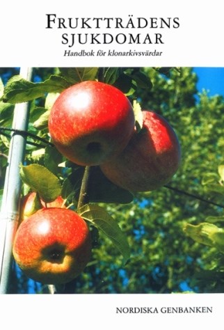 Den inskannade framsidan av skriften Fruktträdens sjukdomar. På skriftens framsida ses röda äpplen.
