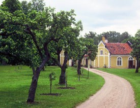 Färgfoto föreställande en del av parken vid Julita. En grusgång slingrar mellan två gräsmattor och i bakgrunden syns ett gult hus.