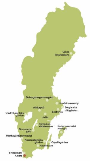 En Sverigekarta med alla sexton klonarkiv för frukt utmärka på respektive plats. 
