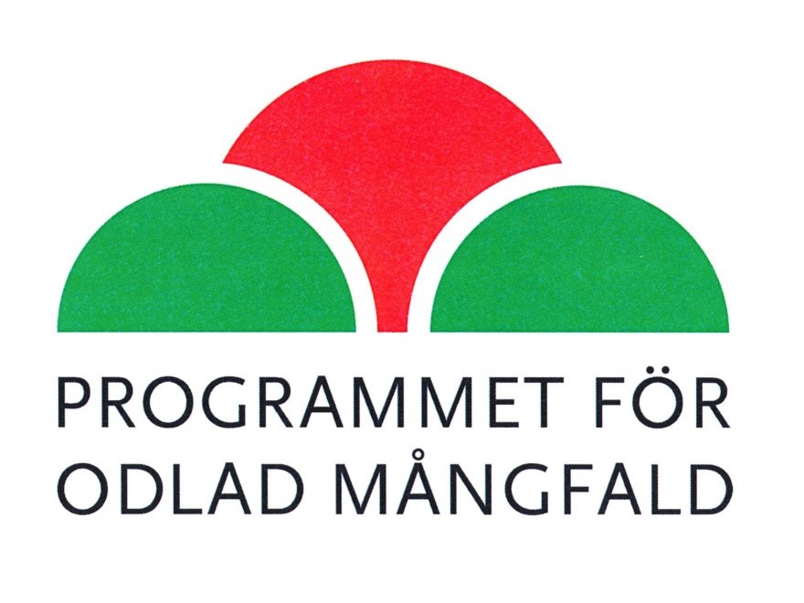 Poms logotyp i rött, grönt och vitt. Under logotypen står "Programmet för odlad mångfald" i svart.