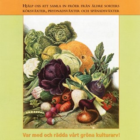 Omslaget på Fröuppropets folder. På omslaget syns en äldre färgglad illustration av rotsaker i olika färger och storlekar. 