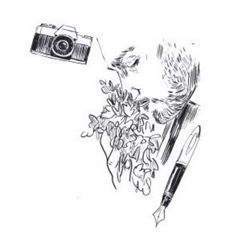 Svartvit illustration av bland annat en kamera, en reservoarpenna och en man som doftar på rosor.