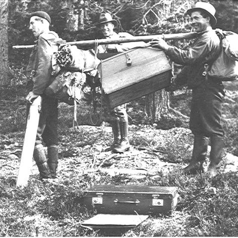 Tre män i skogen bärandes på en kista. Foto.
