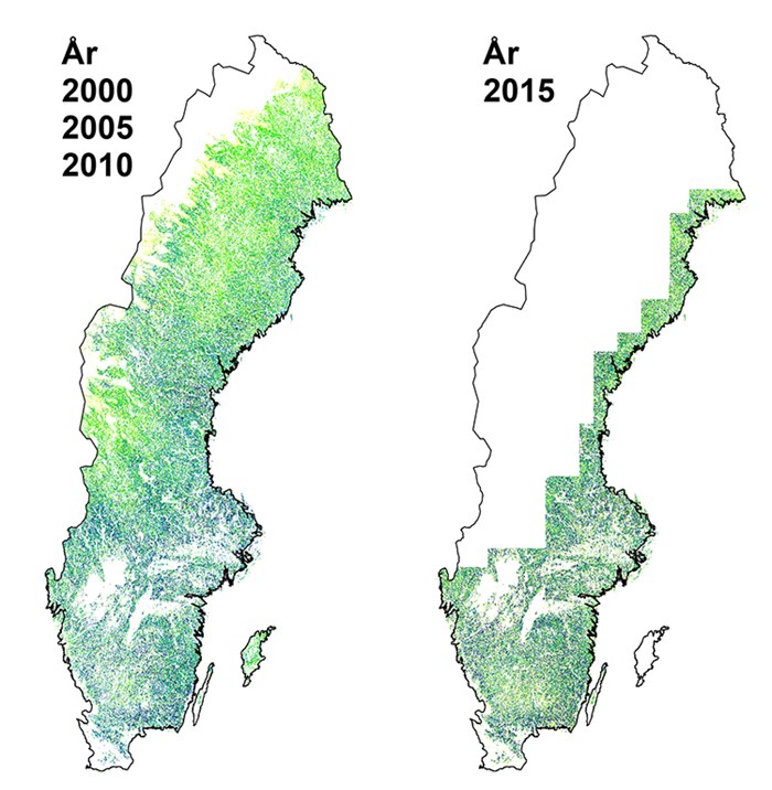 Karta över Sveriges landsgränser delvis täckt med grön/gula områden. Bild.