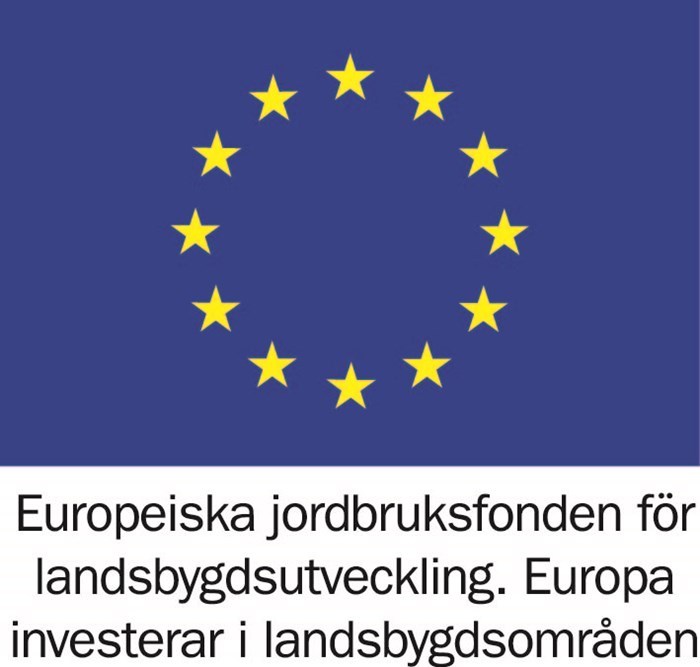 EU:s logga, blå med en cirkel av gula stjärnor. Under står texten "Europiska jordbruksfonden för landsbygdsutveckling. Europa investerar i landsbygdsområden".