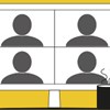 En illustration av ett onlinemöte med fyra personer på skärm och en kopp