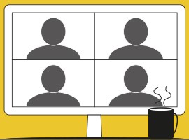 En illustration av ett onlinemöte med fyra personer på skärm och en kopp