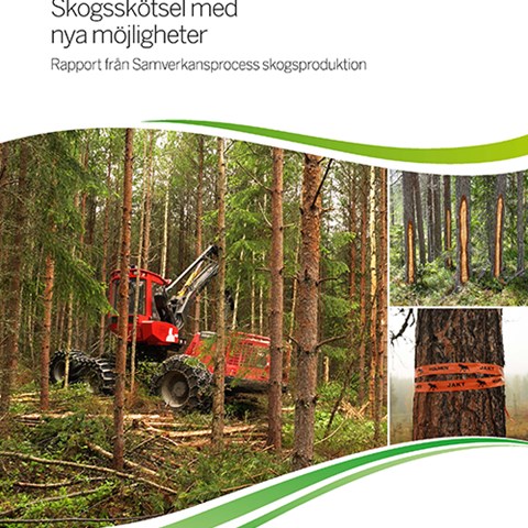 Bild av rapportens förstasida som visar en skördare i skogen 
