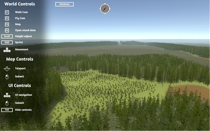 En skärmdump från Virtual Forest som visar en helikoptervy över ett område där en bit nyligen avverkats. 