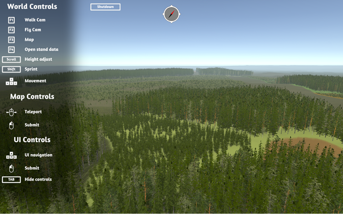 En skärmdump från Virtual forest som visar en helikoptervy över ett område som avverkades för 20 år sedan