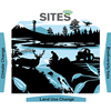 Different ecosystems. The text "SITES" on top. On the sides "Climate change" and "Biodiversity loss". At the bottom "Land Use Change". Illustration.