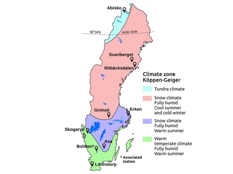 Karta över Sverige med klimatzoner och stationer utmärkta. Illustration.