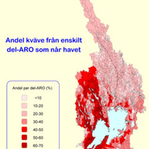 Map over the catchment area of Göta älv with colour codes indicating how large proportion of nitrogen from each sub-catchment that reaches the sea. Illustration.