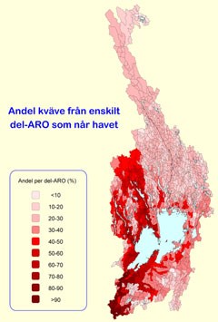 Karta över Göta älvs avrinningsområde med färgkodning som anger hur stor andel av kvävet från varje delavrinningsområde som når havet. Illustration.