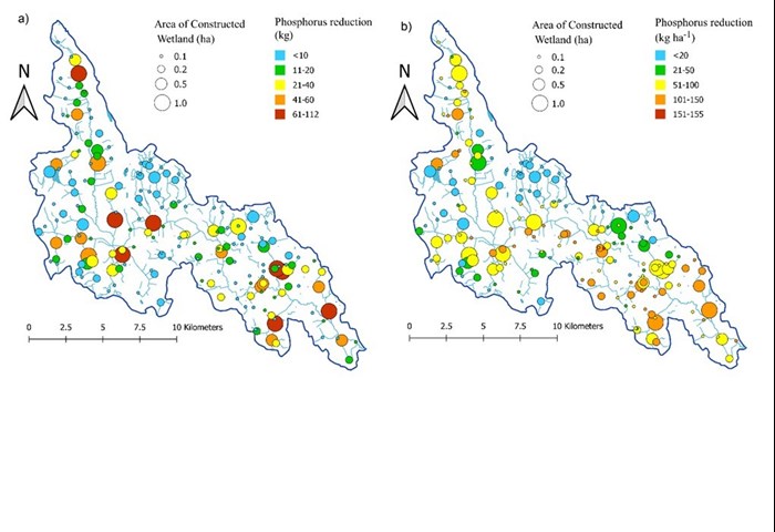 Catchment maps with circles in different sizes and colors. Illustration.