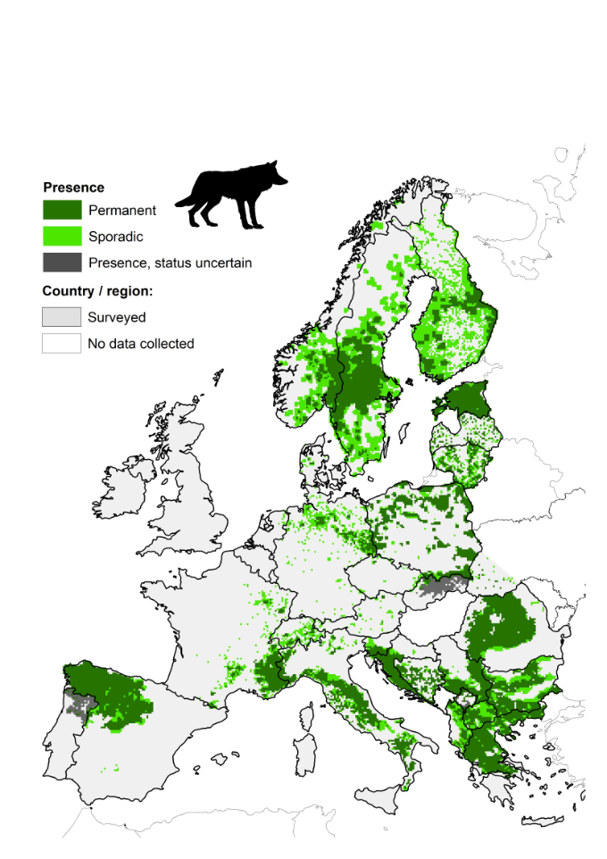 Varg i Europa 2012–2016, karta