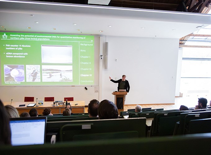 Man står framför publik och pekar på presentation bakom sig